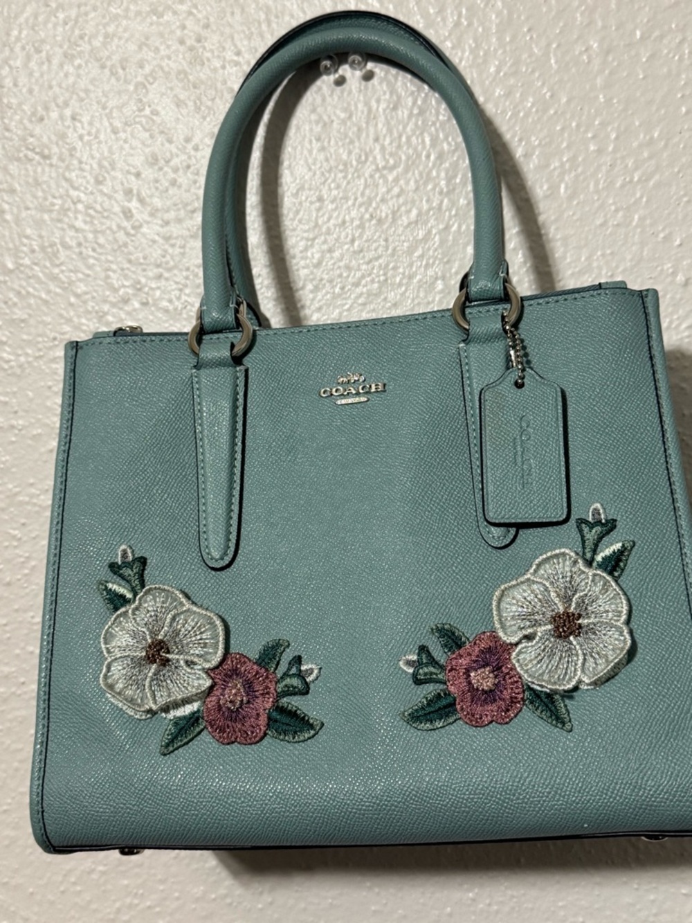COACH Light Blue  Floral Applique Leather Satchel with Top Handles - Picture 14 of 16